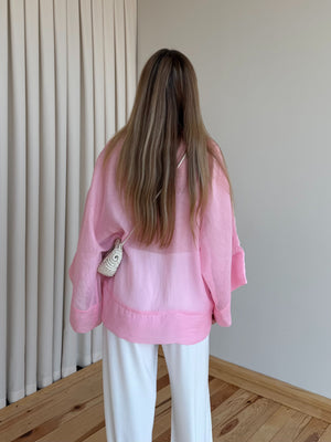 Pembe İp Bağcıklı Transparan Kimono - 5098