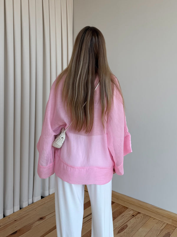 Pembe İp Bağcıklı Transparan Kimono - 5098