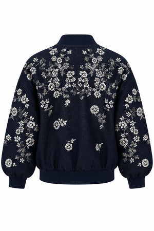 Lacivert Gümüş İşlemeli Bomber Denim Ceket - 99947