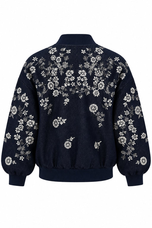 Lacivert Gümüş İşlemeli Bomber Denim Ceket - 99947