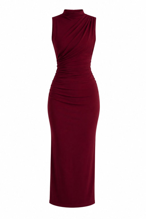 Bordo Drapeli Yırtmaçlı Midi Elbise - 2y4114