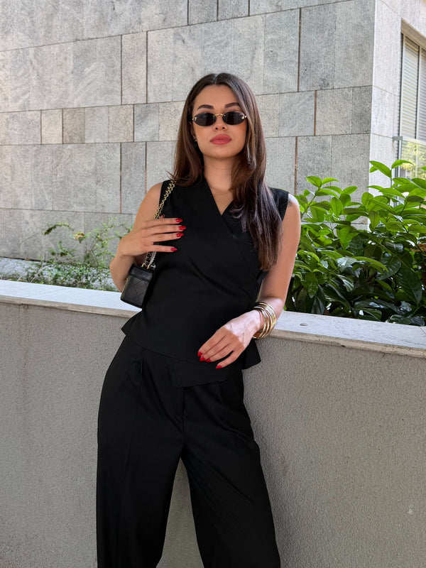 Siyah Donna Kruvaze Yelek Pantolon Takım - 8496