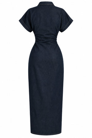 Lacivert Drapeli Çok Düğmeli Denim Elbise - 2y8198