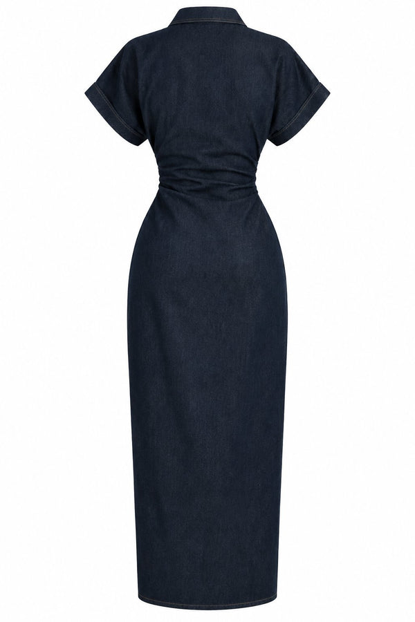 Lacivert Drapeli Çok Düğmeli Denim Elbise - 2y8198