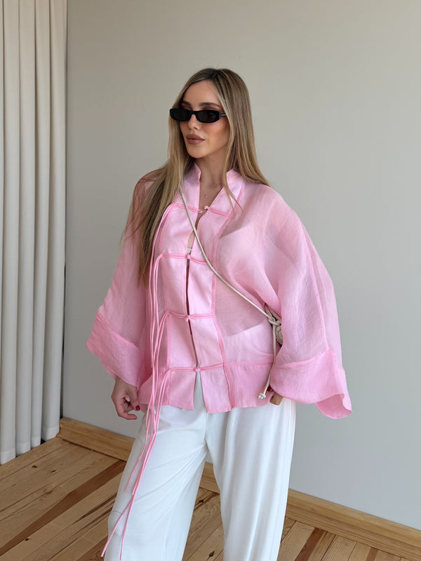 Pembe İp Bağcıklı Transparan Kimono - 5098