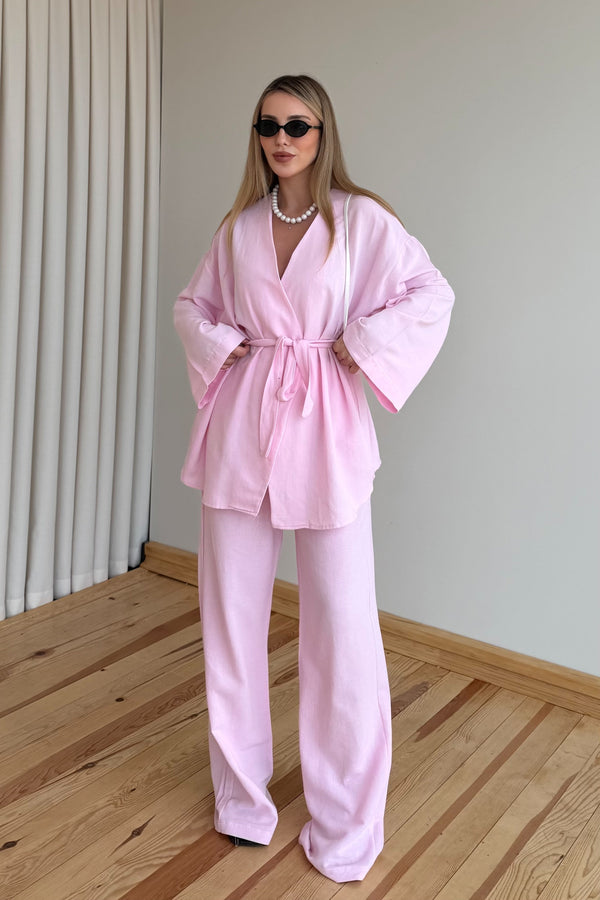Pembe Vero Pamuklu Kemerli İkili Takım - 1300