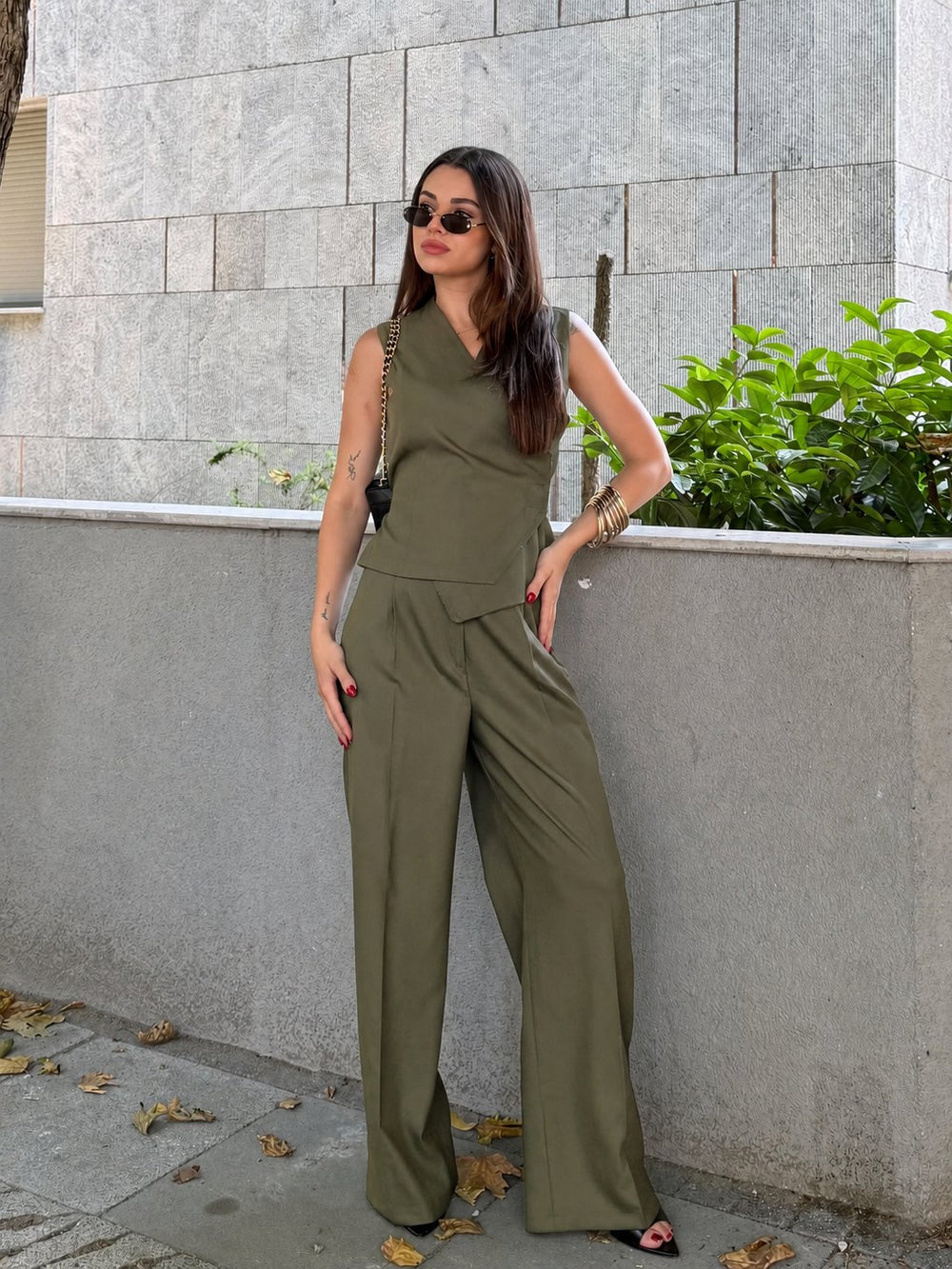 Haki Donna Kruvaze Yelek Pantolon Takım - 8496