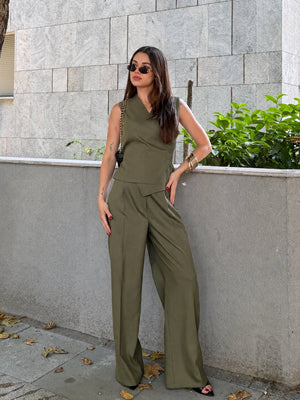 Haki Donna Kruvaze Yelek Pantolon Takım - 8496