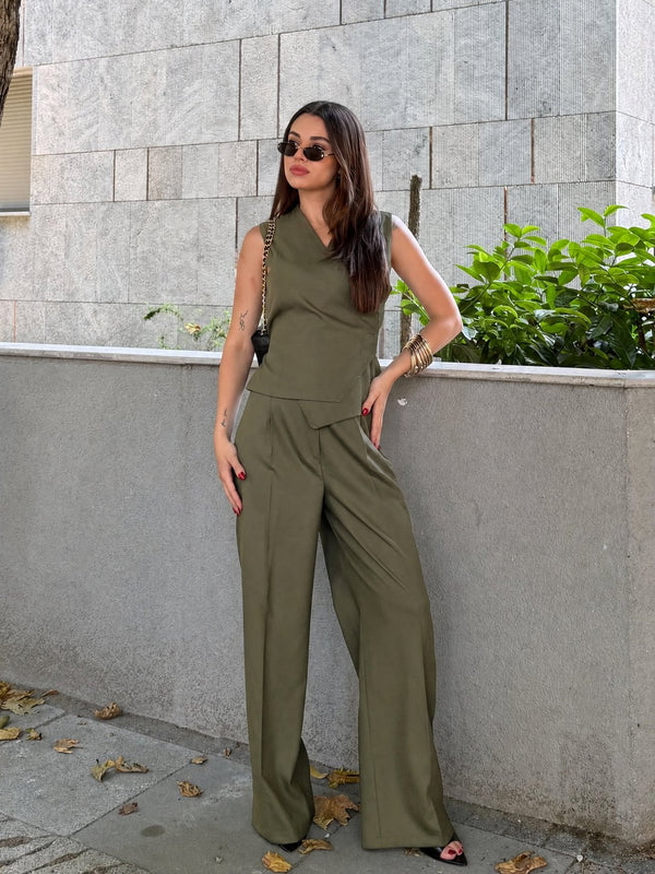 Haki Donna Kruvaze Yelek Pantolon Takım - 8496