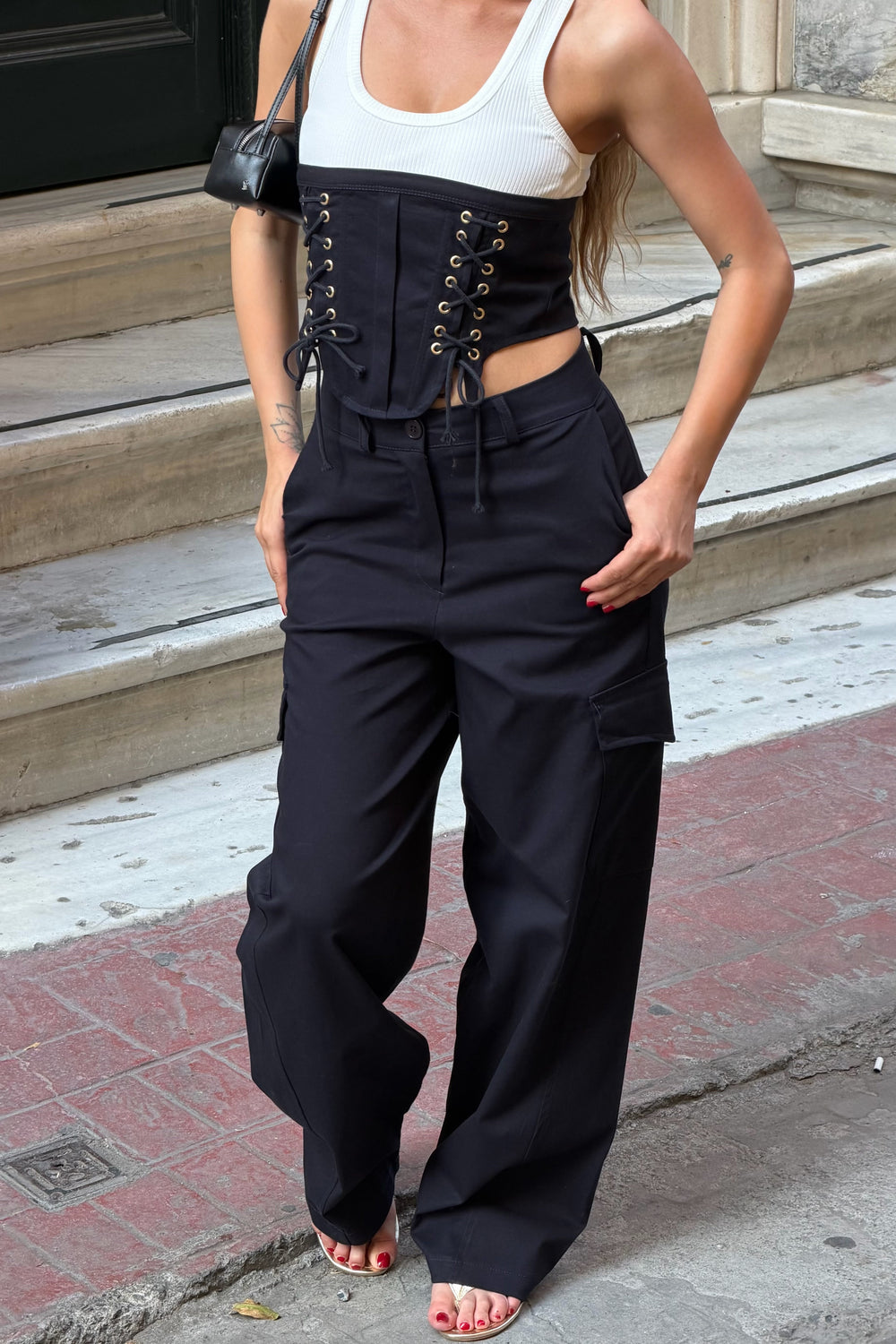 Lacivert Korse Bluz Kargo Pantolon Takım - 1048