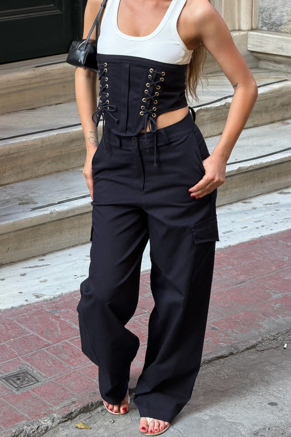 Lacivert Korse Bluz Kargo Pantolon Takım - 1048