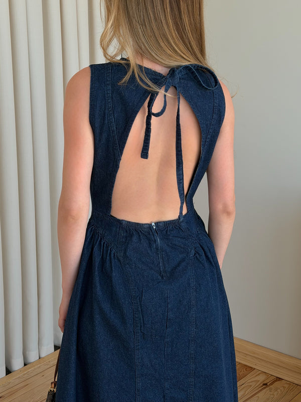 Lacivert Sırt Dekolteli Uzun Denim Elbise - 261026