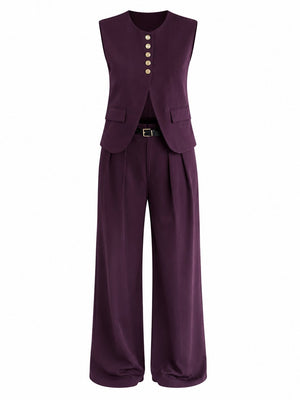 Mürdüm Kemerli 5 Düğmeli Yelek Pantolon Takım - TK9716