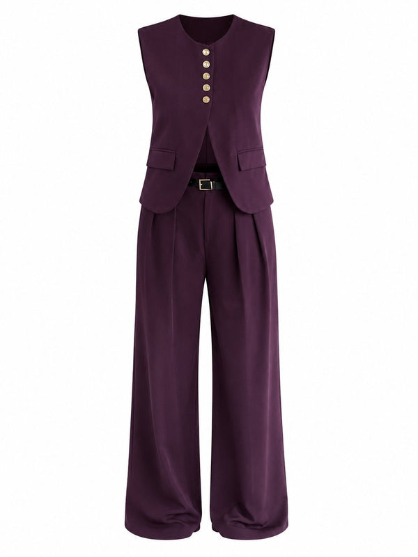 Mürdüm Kemerli 5 Düğmeli Yelek Pantolon Takım - TK9716