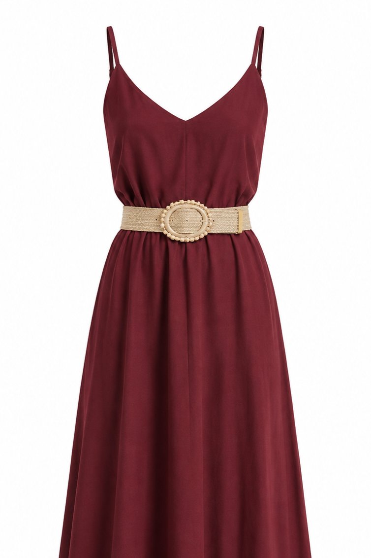 Bordo Hasır Kemerli Elbise - 2y3303