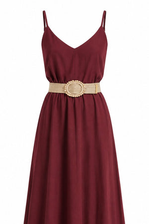 Bordo Hasır Kemerli Elbise - 2y3303