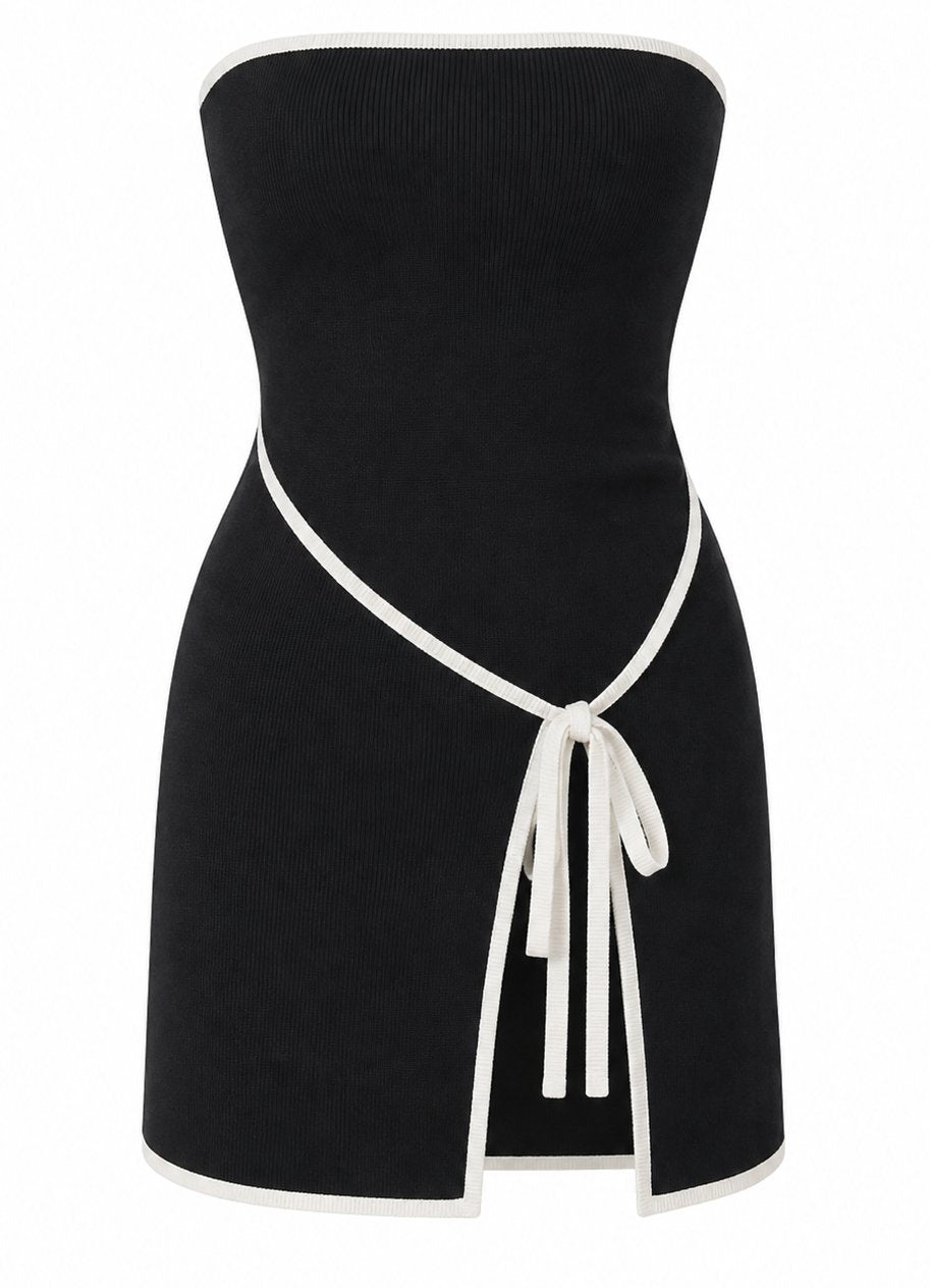 Siyah Örme Biyeli Mini Elbise - 2y9982