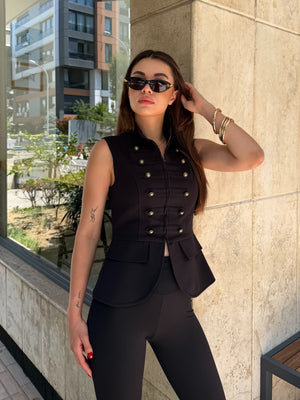 Siyah Gold Düğmeli Yelek - 98085