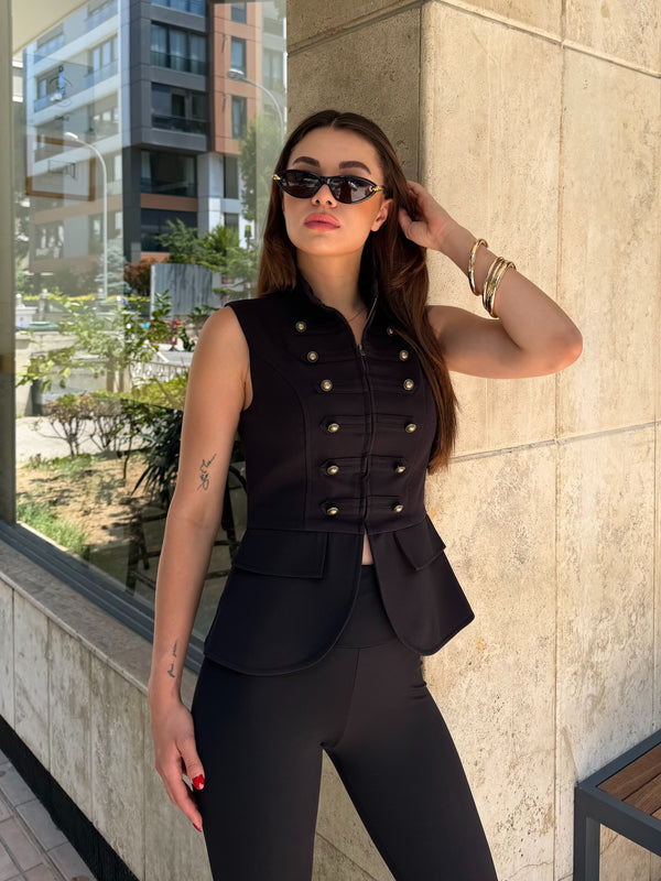 Siyah Gold Düğmeli Yelek - 98085