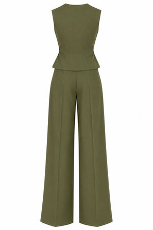 Haki Donna Kruvaze Yaka Yelek Pantolon Takım - 3y8496