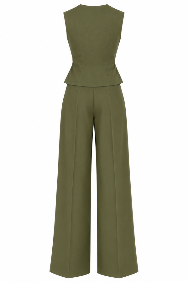 Haki Donna Kruvaze Yaka Yelek Pantolon Takım - 3y8496