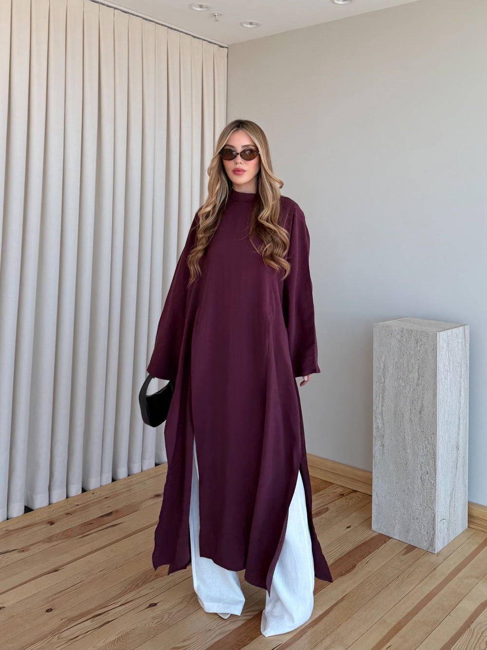 Bordo Yırtmaçlı Uzun Tunik - 8515