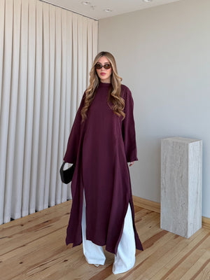 Bordo Yırtmaçlı Uzun Tunik - 8515