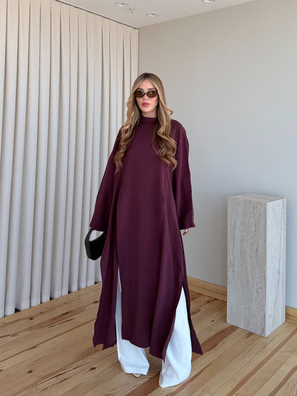 Bordo Yırtmaçlı Uzun Tunik - 8515