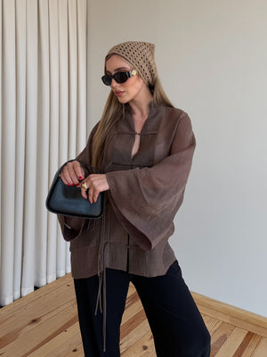 Kahverengi İp Bağcıklı Transparan Kimono - 5098