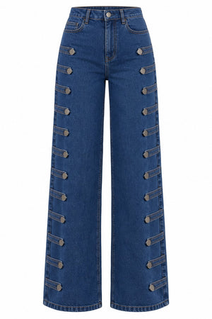 Lacivert Napolyon Düğme Detaylı Wide Leg Pantolon - 1113