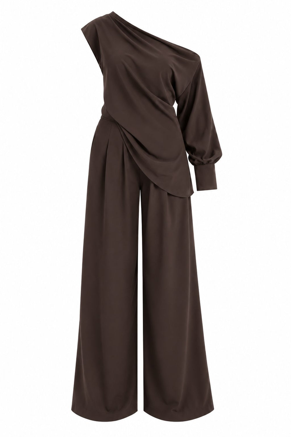 Kahverengi Tek Kol Bluz Pantolon Takım - 2y8007