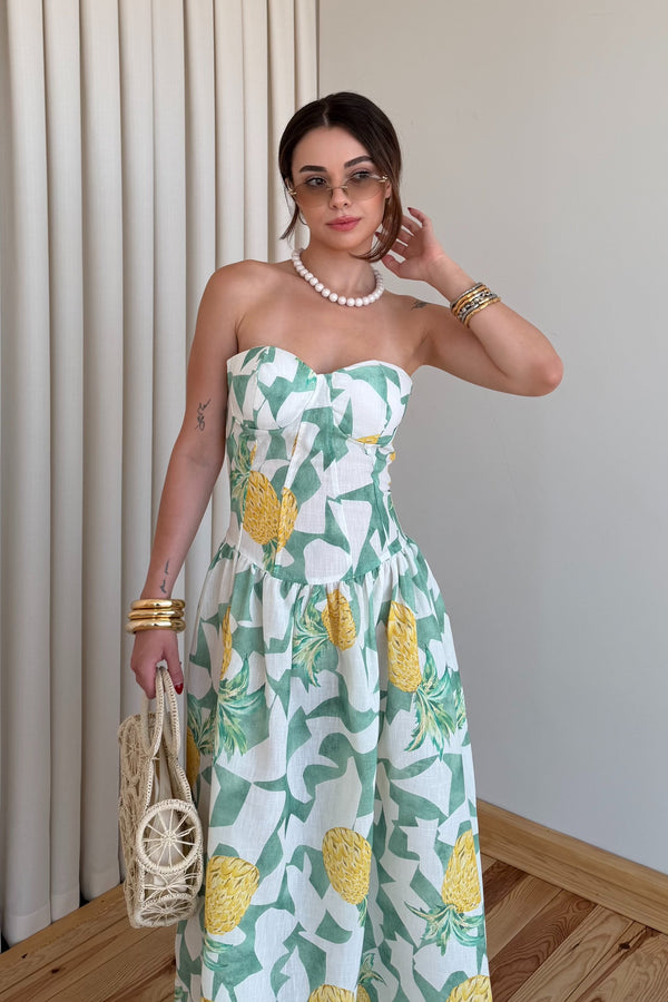 Yeşil Ananas Desenli Straplez Elbise - 4221