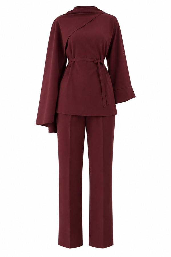 Bordo Kendinden Şallı 2'li Takım - 2y8752