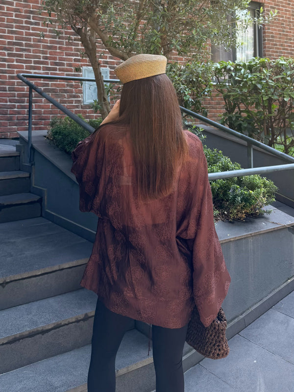 Kahverengi Frog Kapama Nakışlı Kimono - 5096
