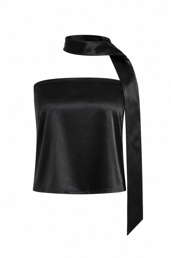 Siyah Straplez Fularlı Saten Bluz - 1275