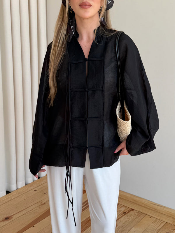 Siyah İp Bağcıklı Transparan Kimono - 5098