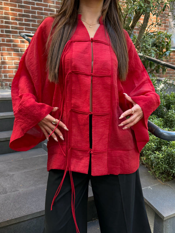 Kırmızı İp Bağcıklı Transparan Kimono - 5098