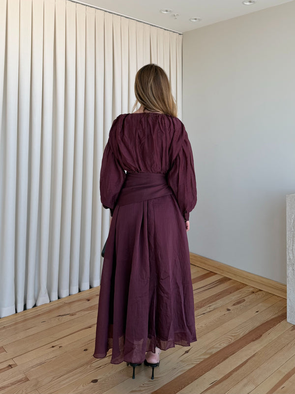 Mürdüm Beli Lastikli Seyyar Kuşaklı Uzun Elbise - 7051