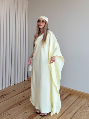 Sarı Tek Kollu Bandanalı Saten Elbise - 10615