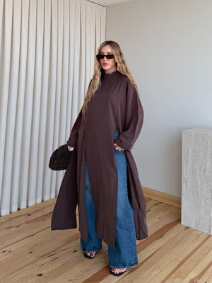Kahverengi Yırtmaçlı Uzun Tunik - 8515