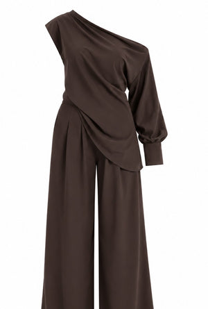 Kahverengi Tek Kol Bluz Pantolon Takım - 2y8007
