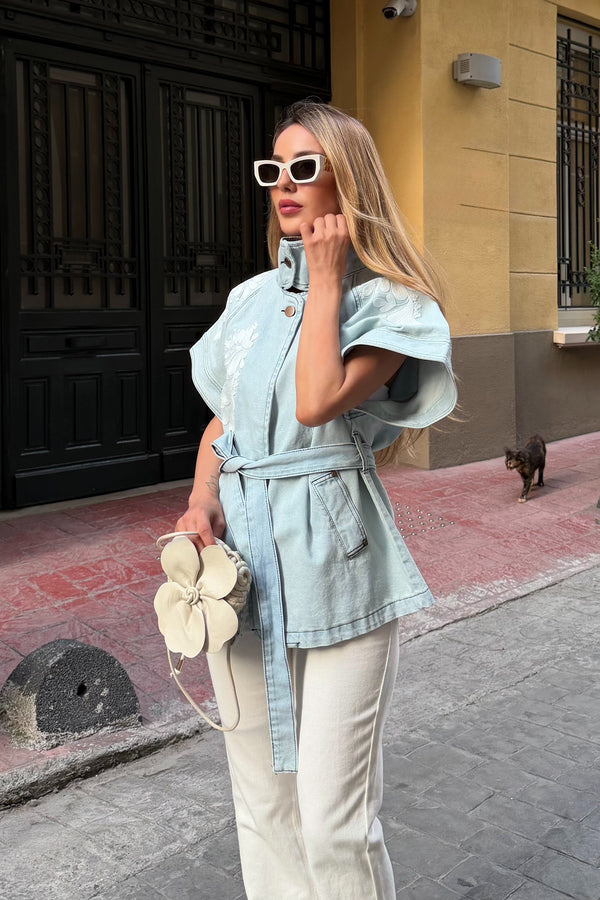 Mavi Nakış İşlemeli Denim Yelek - 1077