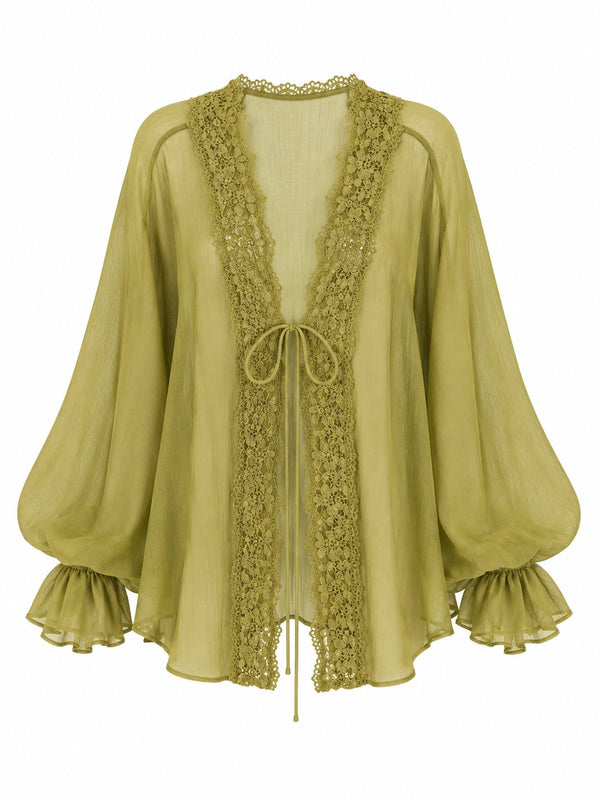 Olive Dantelli Transparan Bluz - 5108