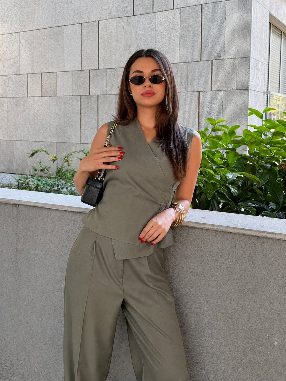Haki Donna Kruvaze Yelek Pantolon Takım - 8496