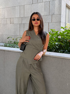 Haki Donna Kruvaze Yelek Pantolon Takım - 8496