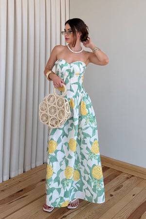 Yeşil Ananas Desenli Straplez Elbise - 4221