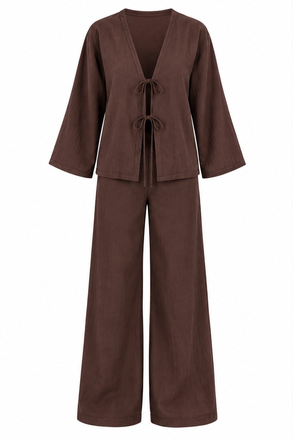 Kahverengi Bağlamalı Kimono Takım - 2y8567