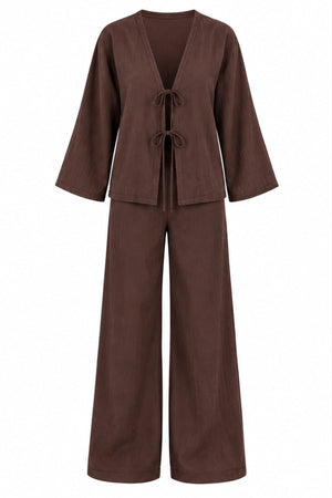 Kahverengi Bağlamalı Kimono Takım - 2y8567