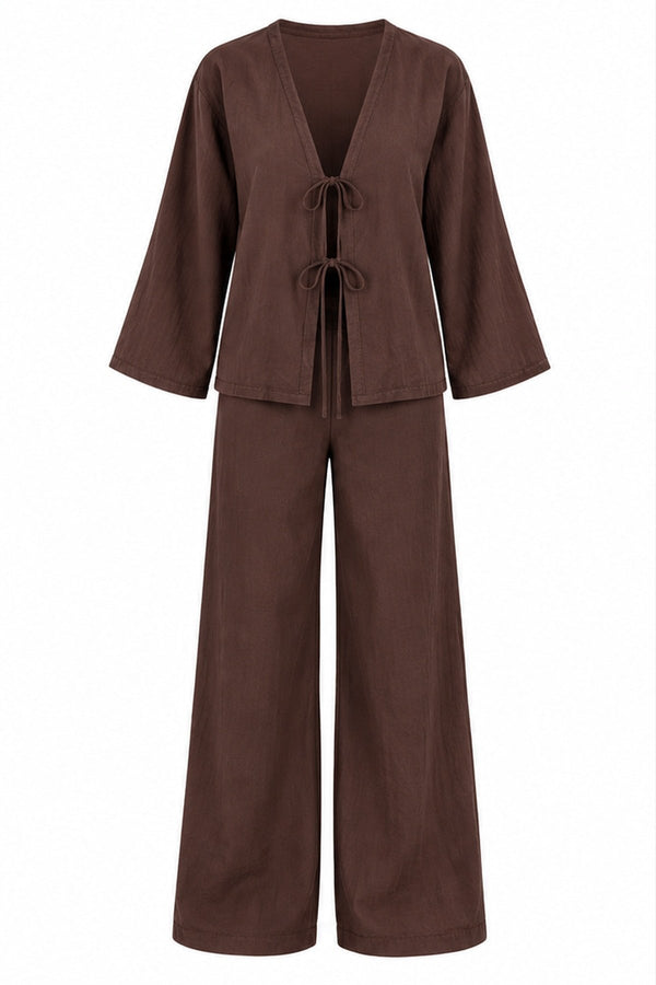 Kahverengi Bağlamalı Kimono Takım - 2y8567