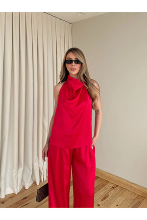 Kırmızı Saten Bluz Pantolon Takım - 30433